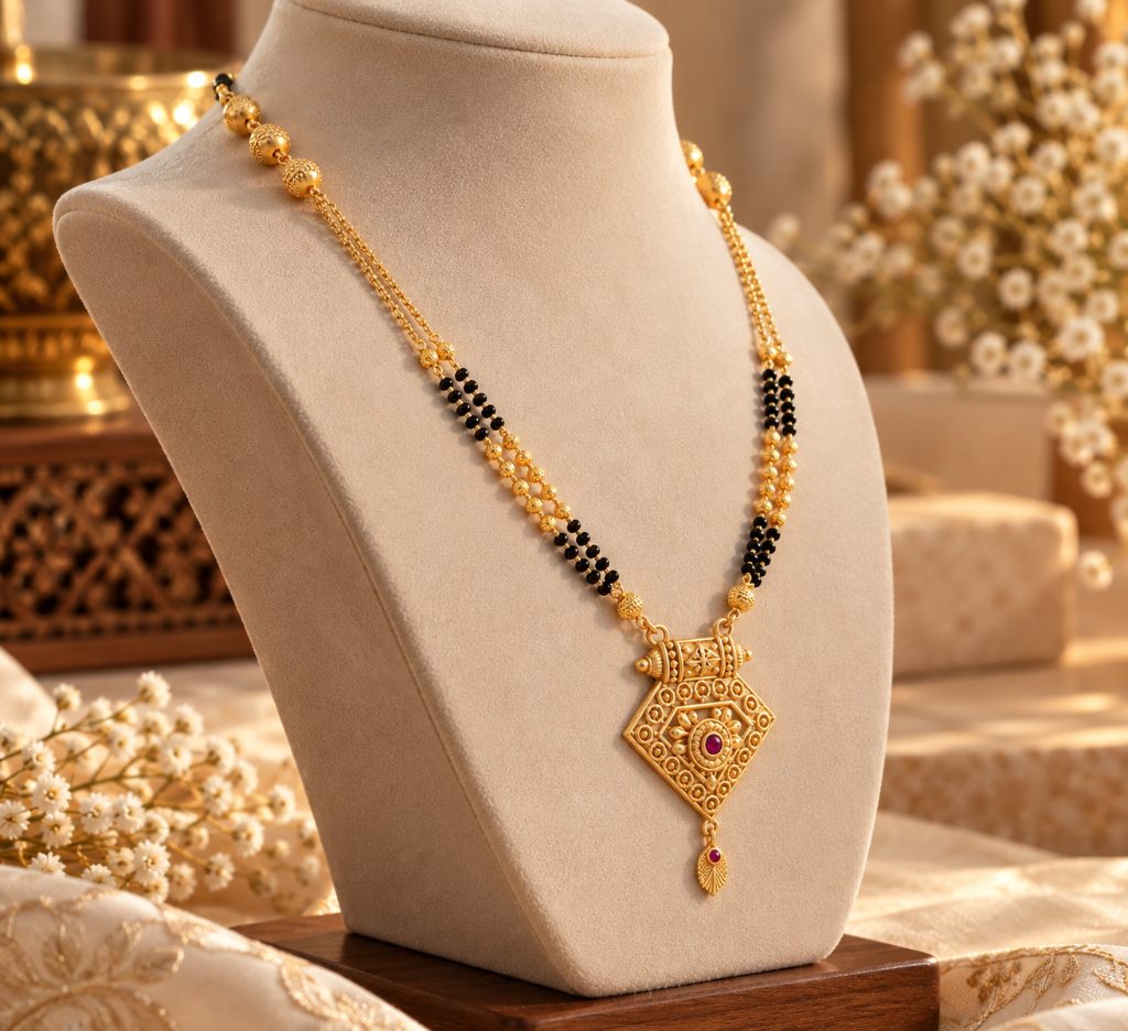 Gold-Tone Black Bead Mangalsutra with Ornate Diamond-Shaped Pendant