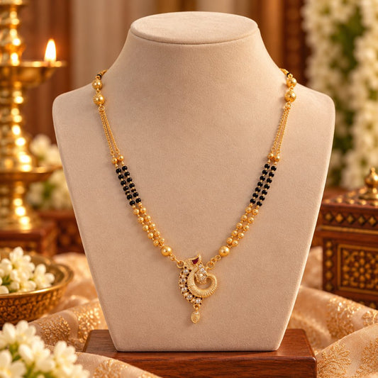 Gold-Tone Black Bead Mangalsutra with Curved Clear-Stone Pendant