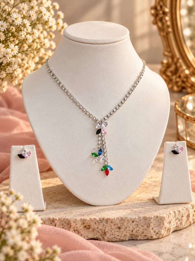 Silver-Tone Multicolor Leaf Cluster Y-Necklace and Earring Set