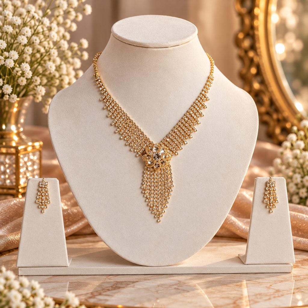 Gold-Tone Floral Fringe Necklace and Drop Earring Set