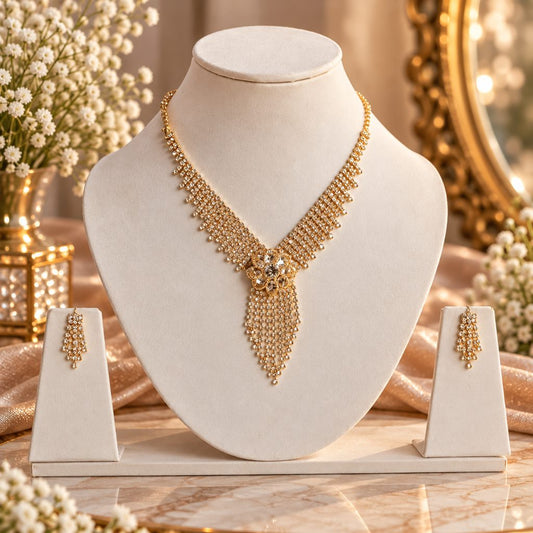 Gold-Tone Floral Fringe Necklace and Drop Earring Set