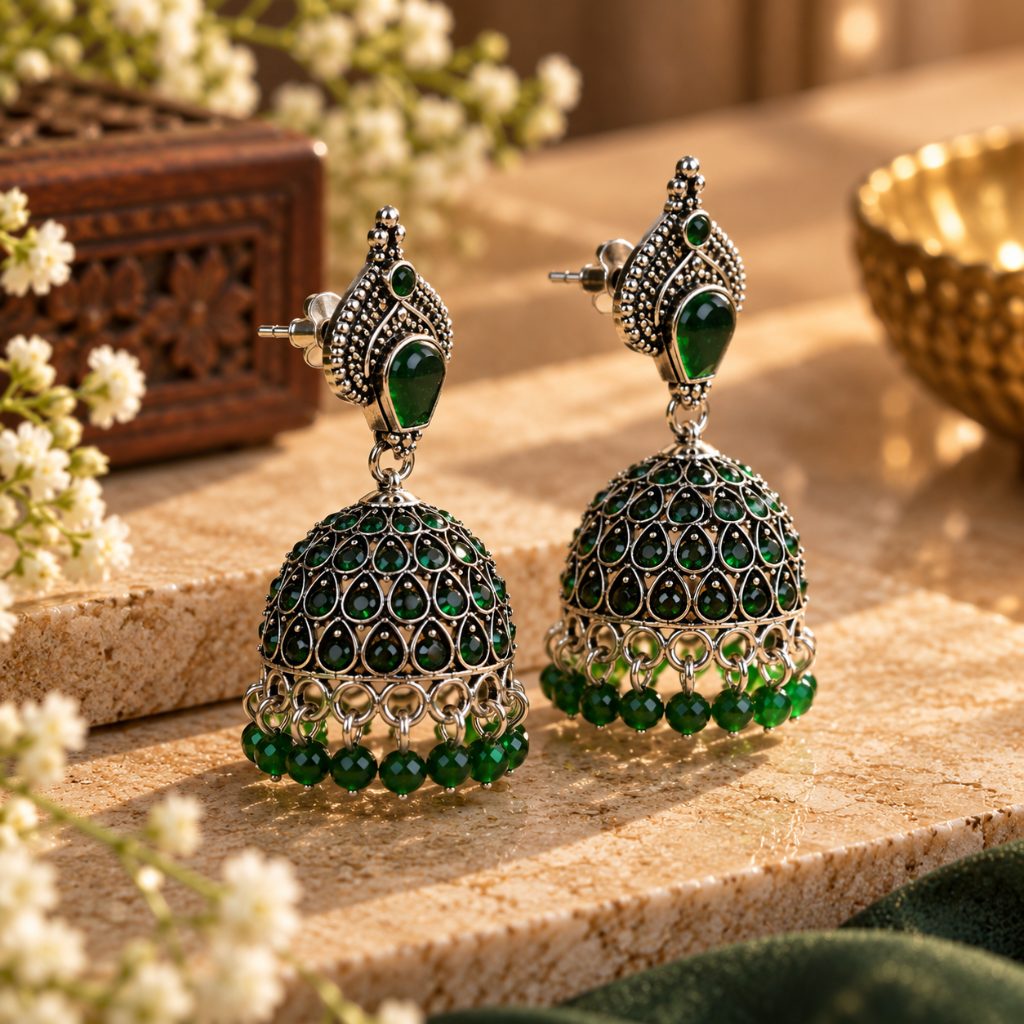 Green Teardrop Stone Silver-Tone Dome Jhumka Earrings