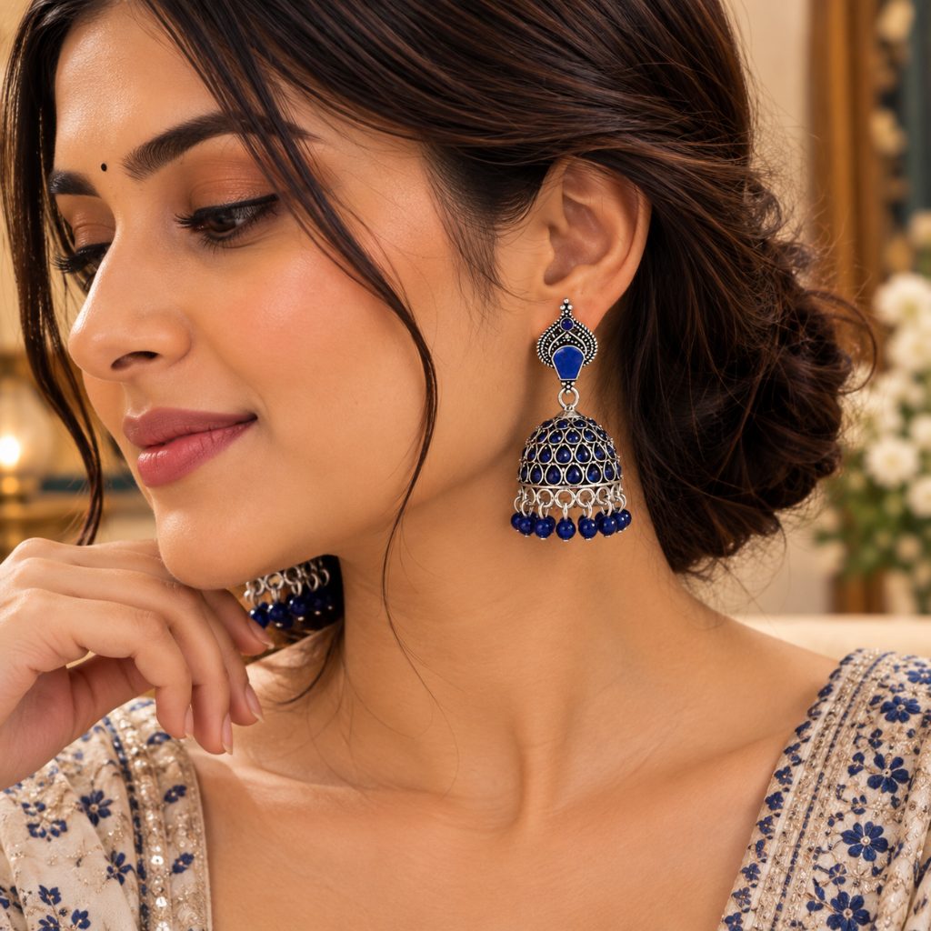 Blue Teardrop Silver-Tone Jhumka Earrings with Bead Fringe