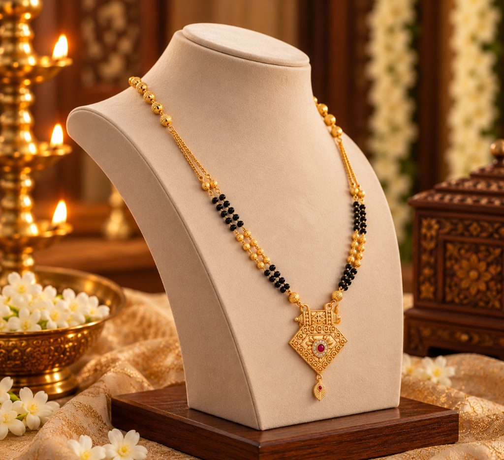 Gold-Tone Black Bead Mangalsutra with Ornate Diamond-Shaped Pendant
