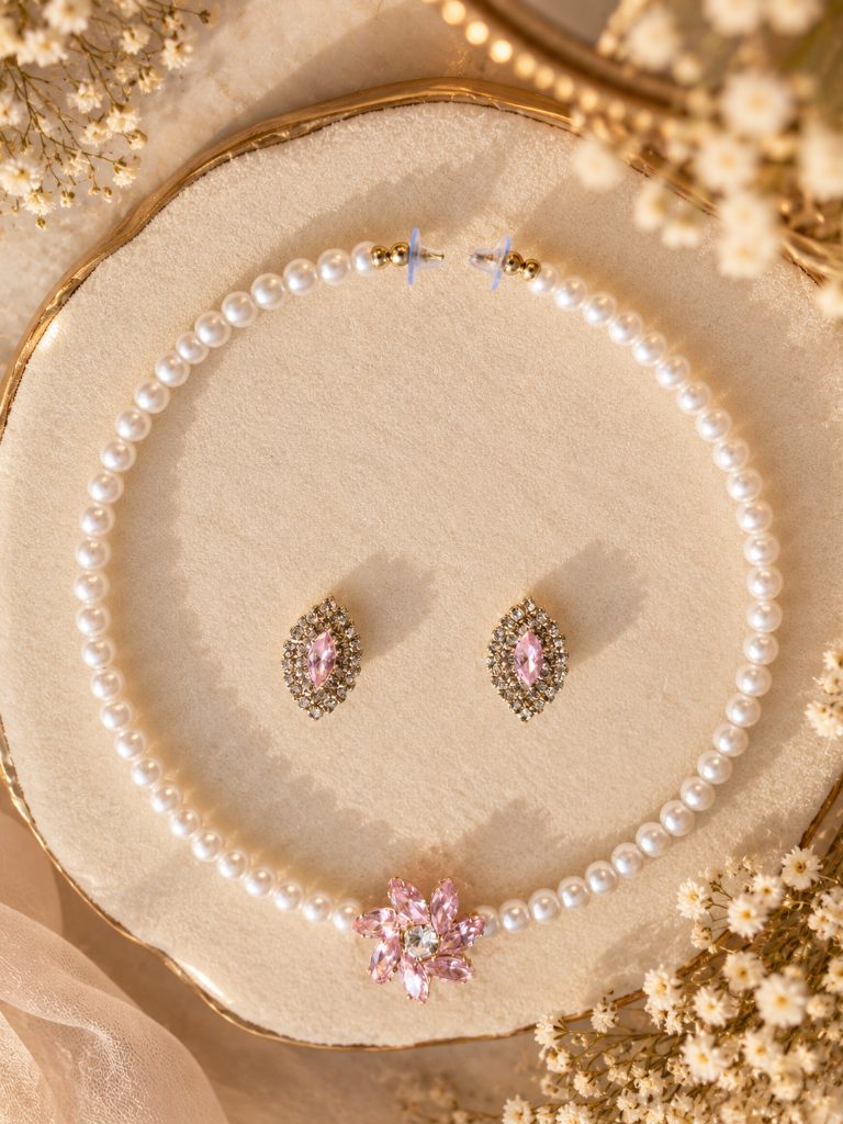 Pink Flower Pearl-Look Beaded Necklace and Marquise Stud Earring Set