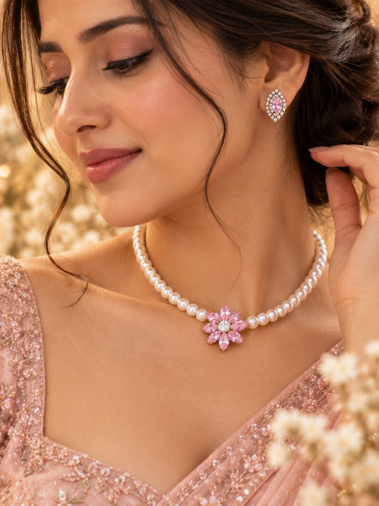 Pink Flower Pearl-Look Beaded Necklace and Marquise Stud Earring Set