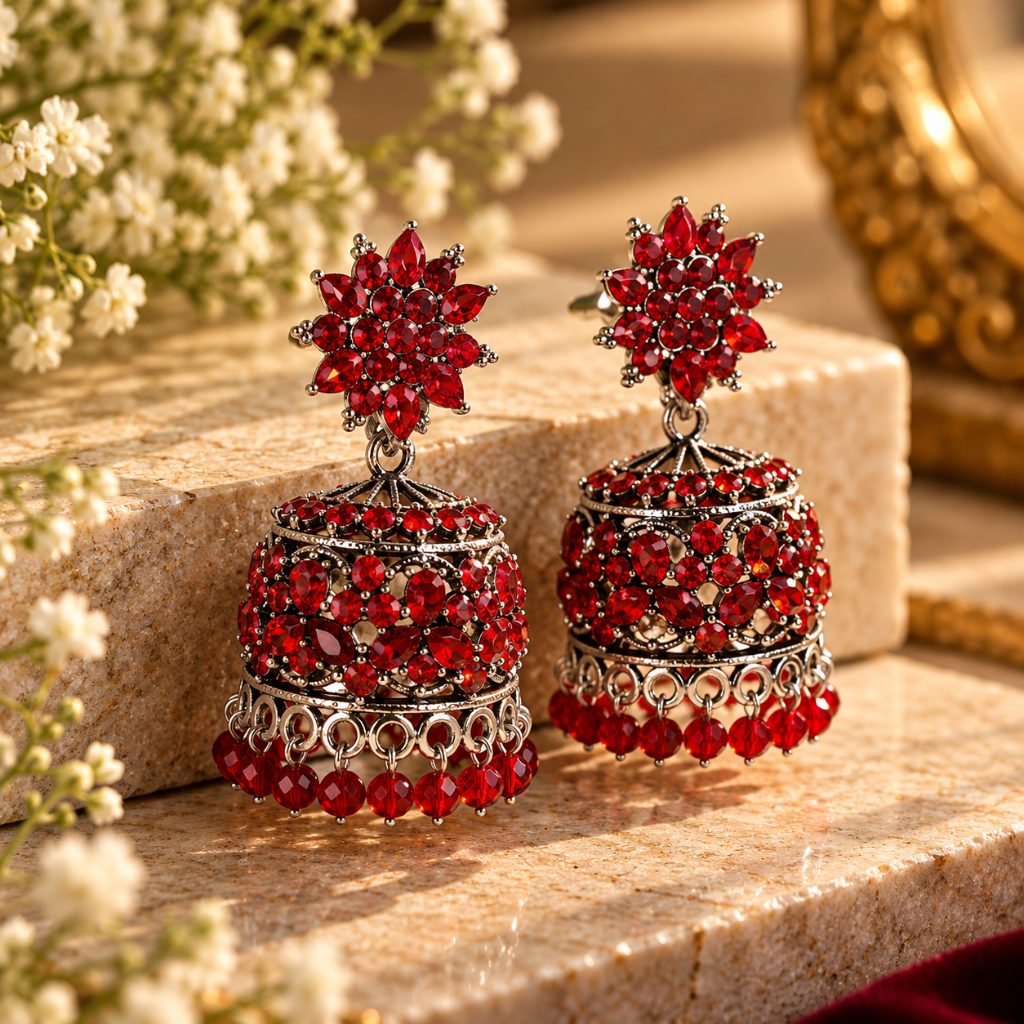 Red Floral Stone Silver-Tone Jhumka Earrings with Bead Fringe