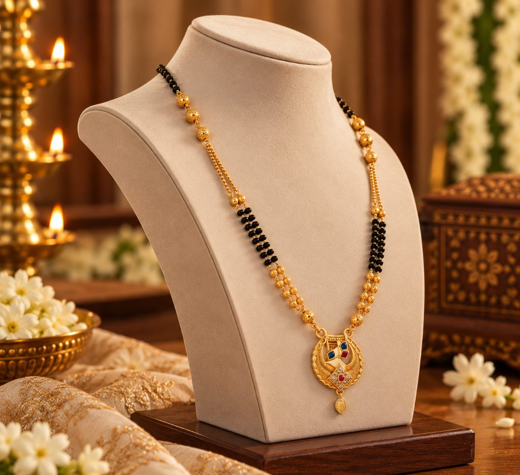 Gold-Tone Black Bead Mangalsutra with Multicolor Openwork Pendant