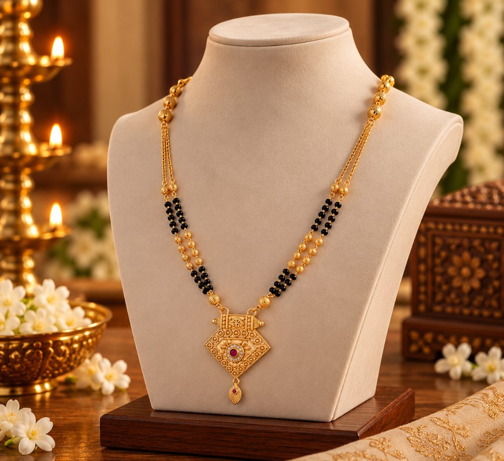 Gold-Tone Black Bead Mangalsutra with Angular Scrollwork Pendant