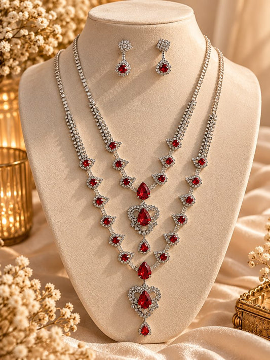 Red Teardrop Layered Statement Necklace and Drop Earring Set