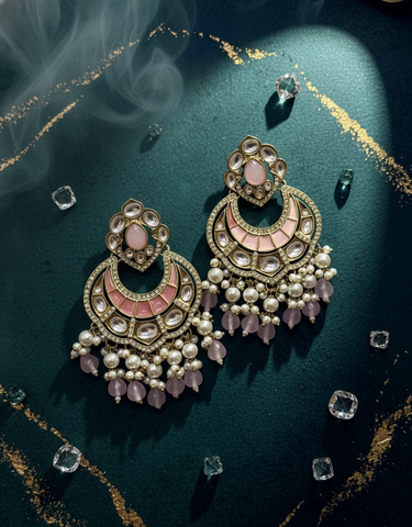 Royal Rose Quartz Kundan Chandbali Earrings