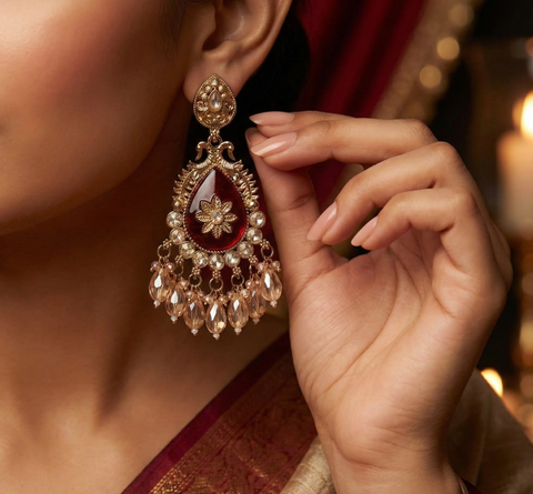 GIVA Imperial Crimson & Gold Chandelier Earrings