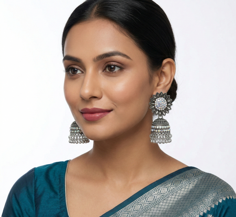 GIVA Oxidized Silver Sunflower Jhumka Earrings