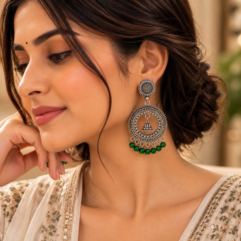 Green Bead Silver-Tone Circular Jhumka Drop Earrings