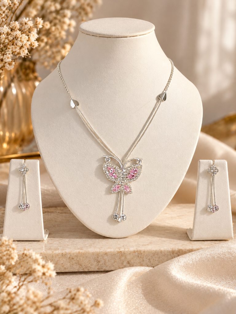 Pink Butterfly Pendant Necklace and Chain-Drop Earring Set