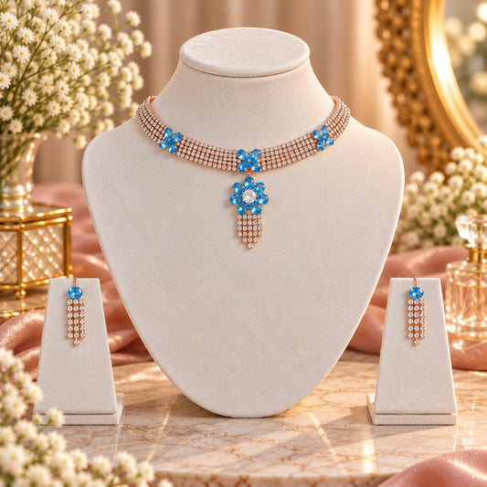 Rose Gold-Tone Blue Floral Choker and Fringe Earring Set