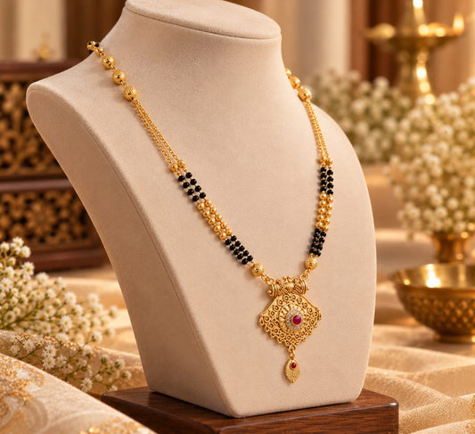 Gold-Tone Black Bead Mangalsutra with Ornate Openwork Medallion