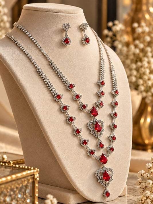 Red Teardrop Layered Statement Necklace and Drop Earring Set