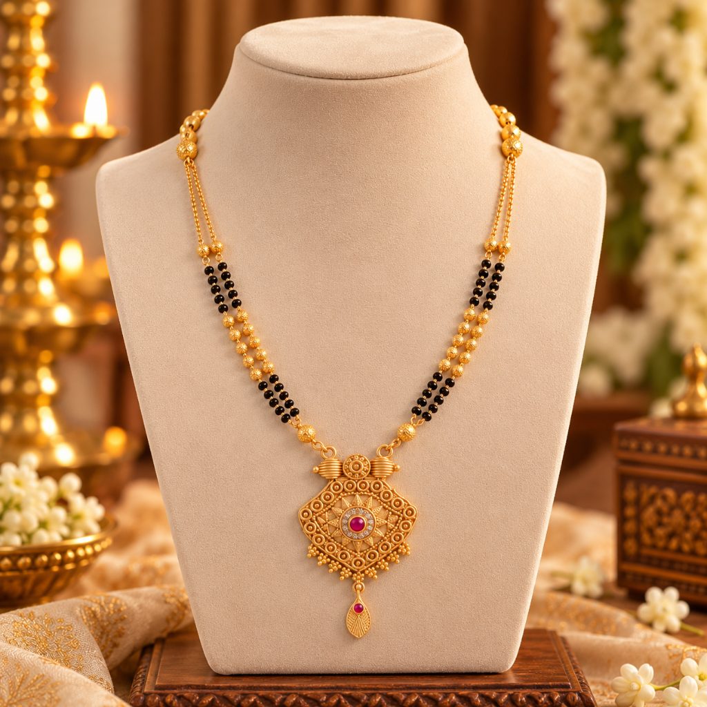 Gold-Tone Black Bead Mangalsutra with Ornate Diamond-Shaped Pendant