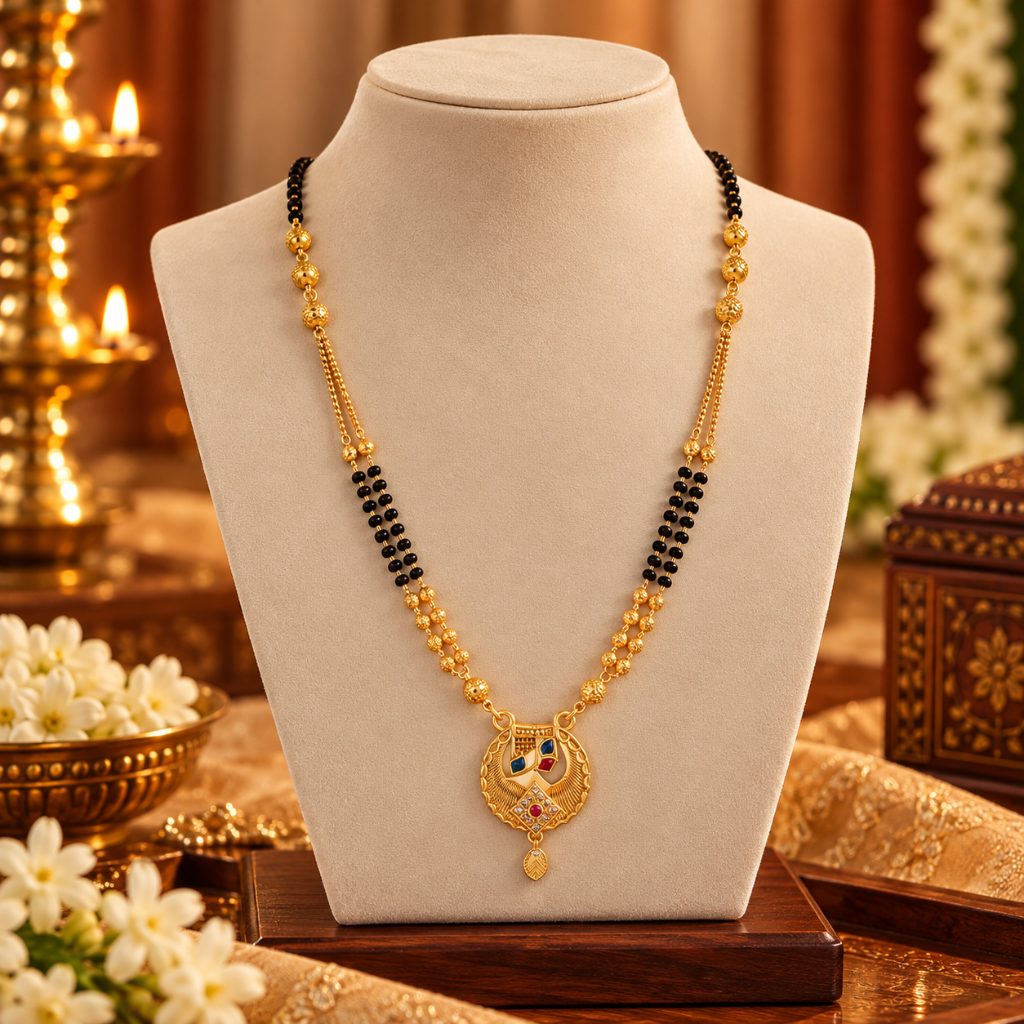 Gold-Tone Black Bead Mangalsutra with Multicolor Openwork Pendant