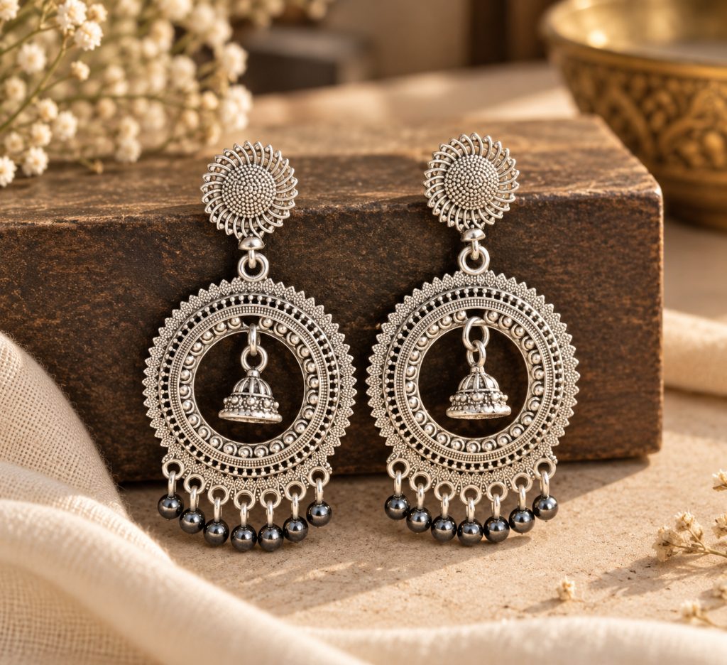 Silver-Tone Circular Jhumka Drop Earrings with Gunmetal-Color Beads