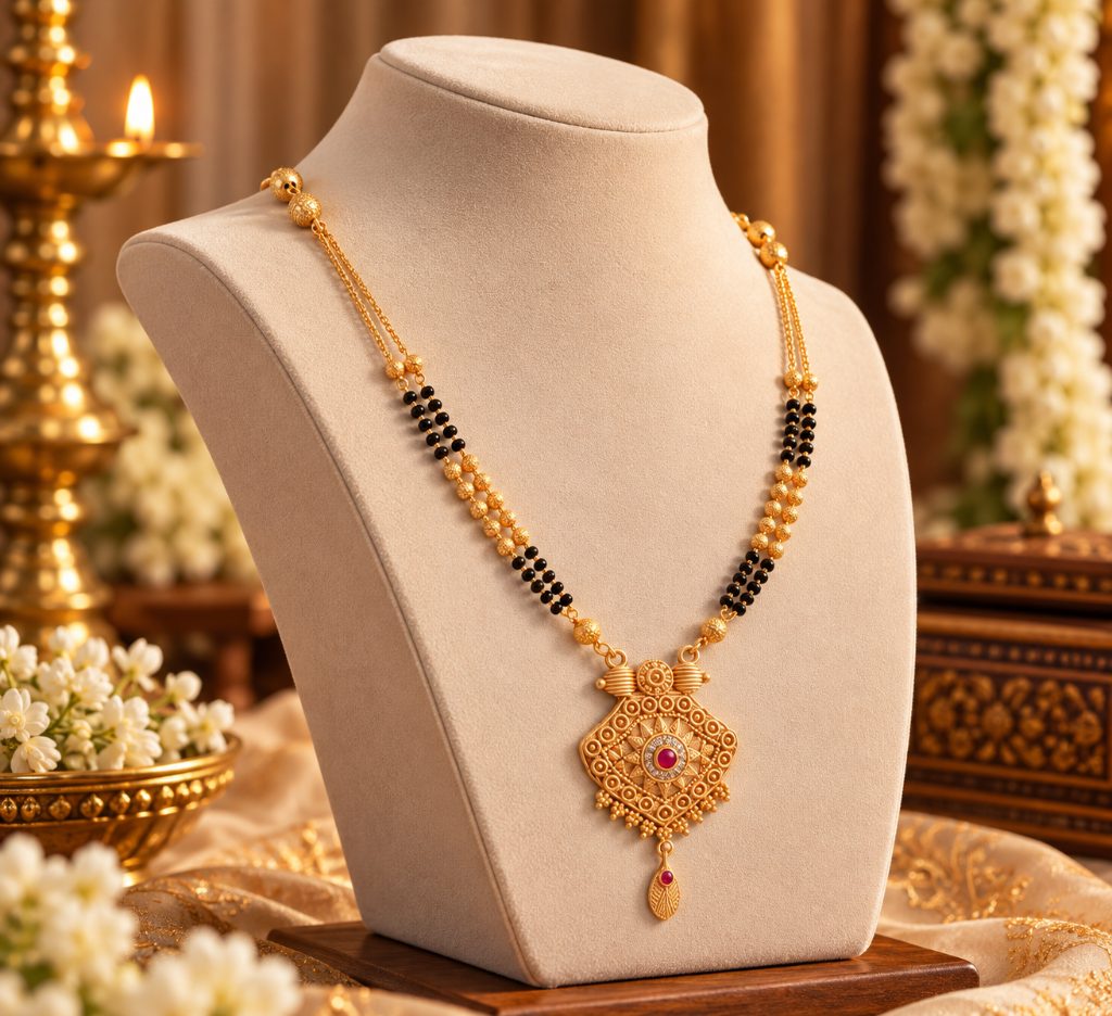 Gold-Tone Black Bead Mangalsutra with Ornate Diamond-Shaped Pendant