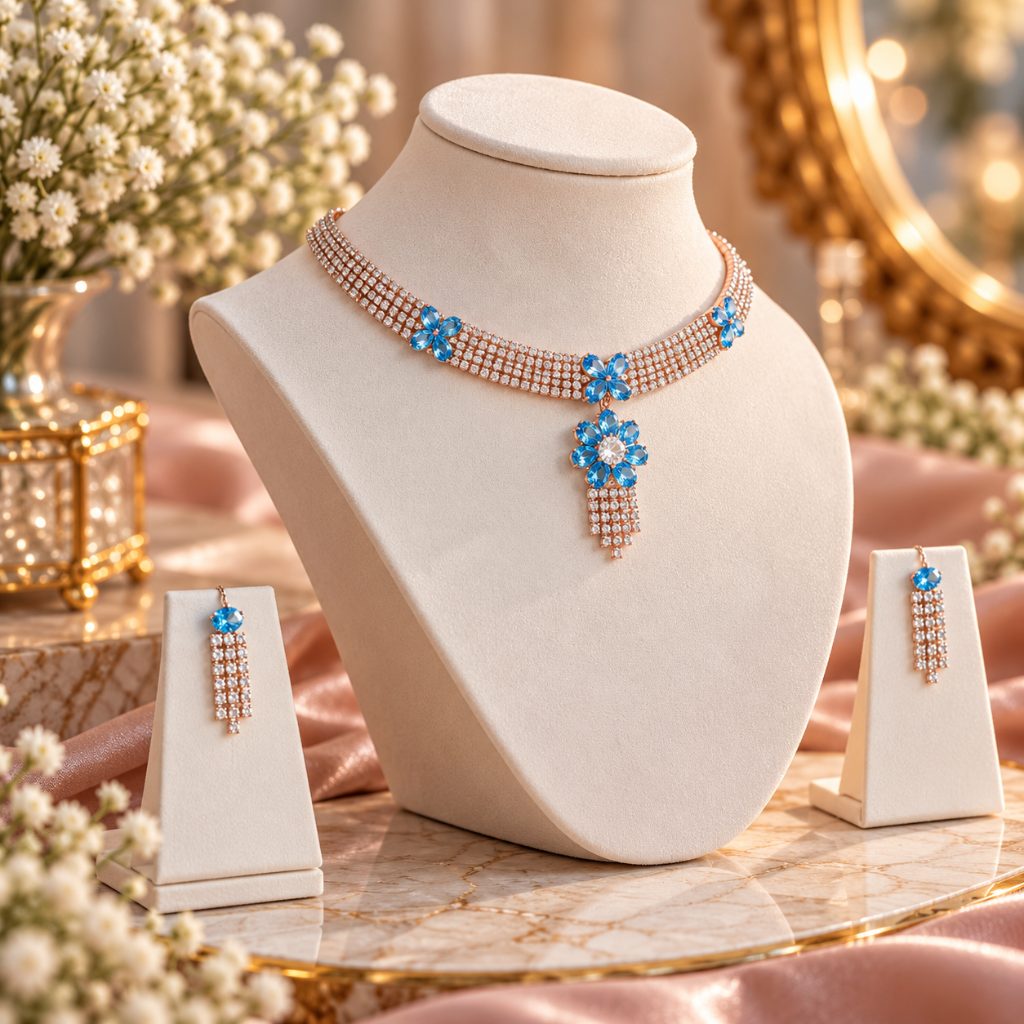 Rose Gold-Tone Blue Floral Choker and Fringe Earring Set