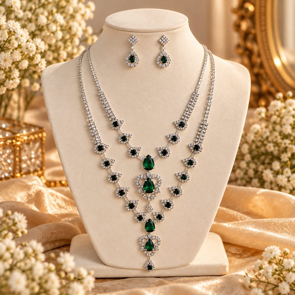 Silver-Tone Green Teardrop Layered Necklace and Earring Set