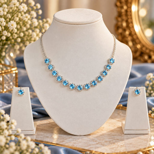 Sky Blue Round Halo Necklace and Matching Earring Set