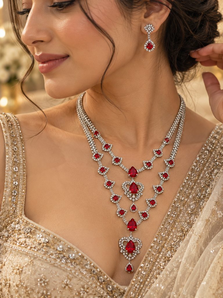 Red Teardrop Layered Statement Necklace and Drop Earring Set