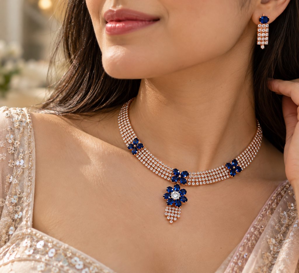 Deep Blue Floral Collar Necklace and Fringe Earring Set
