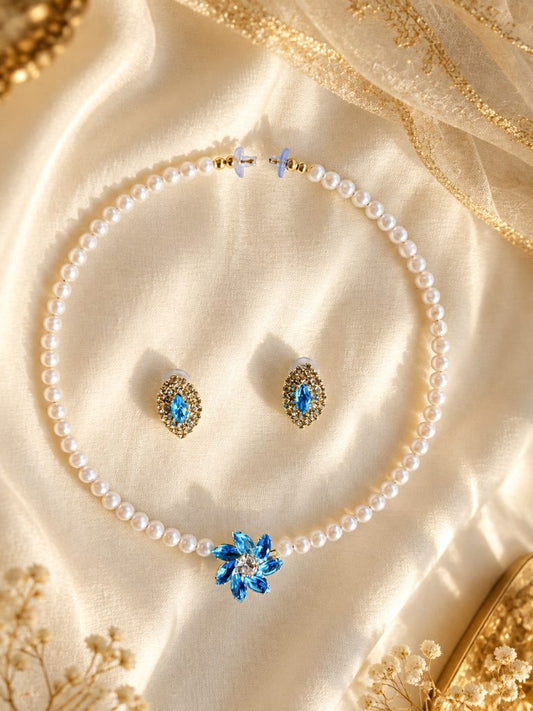 Aqua Blue Flower Pearl-Look Beaded Necklace and Halo Stud Earring Set