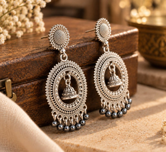 Silver-Tone Circular Jhumka Drop Earrings with Gunmetal-Color Beads
