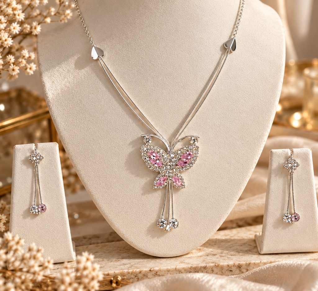 Pink Butterfly Pendant Necklace and Chain-Drop Earring Set
