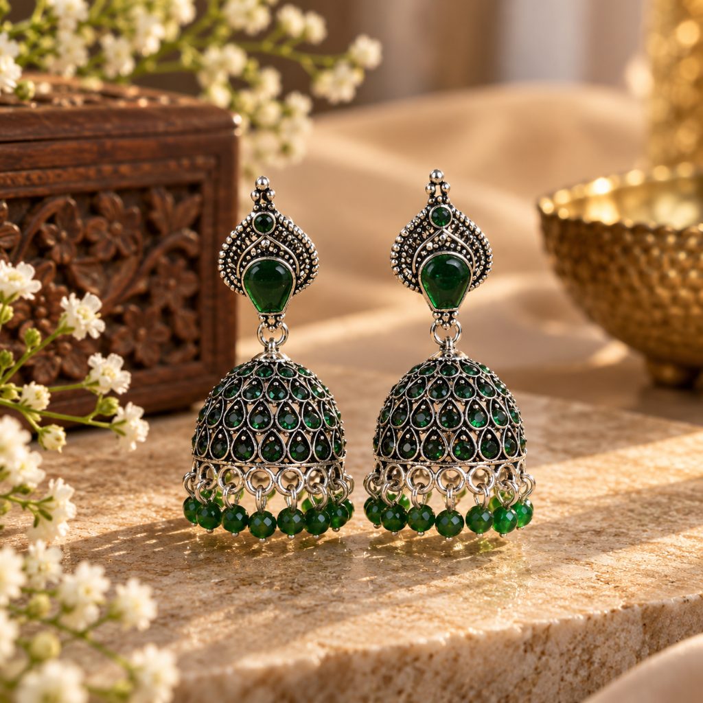 Green Teardrop Stone Silver-Tone Dome Jhumka Earrings