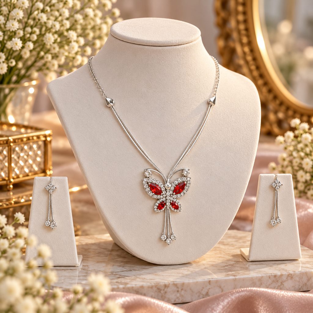 Silver-Tone Red Butterfly Pendant Necklace and Drop Earring Set