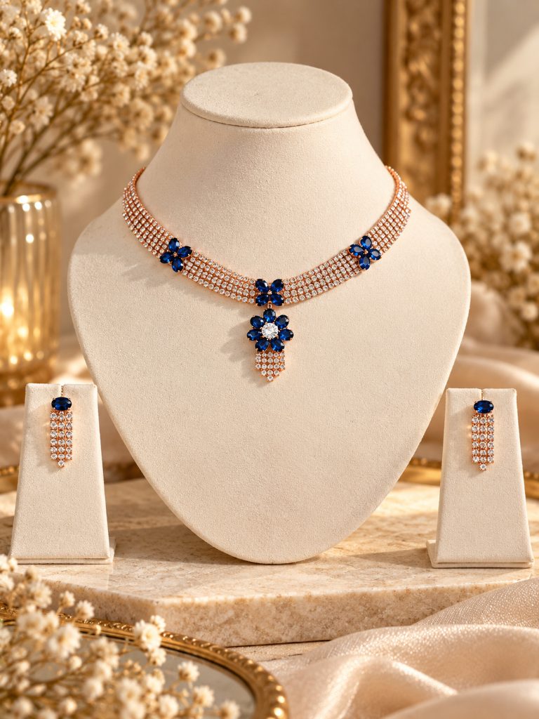 Deep Blue Floral Collar Necklace and Fringe Earring Set